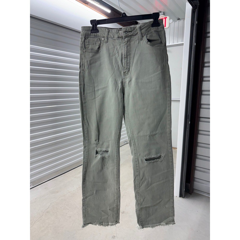 VIP Jeans Womens 9/29 Olive Green Distressed High Rise Straight Leg Frayed Hem
